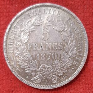 5 Fr Cérès Argent 1870 A. Paris. Type avec Légende. Superbe.