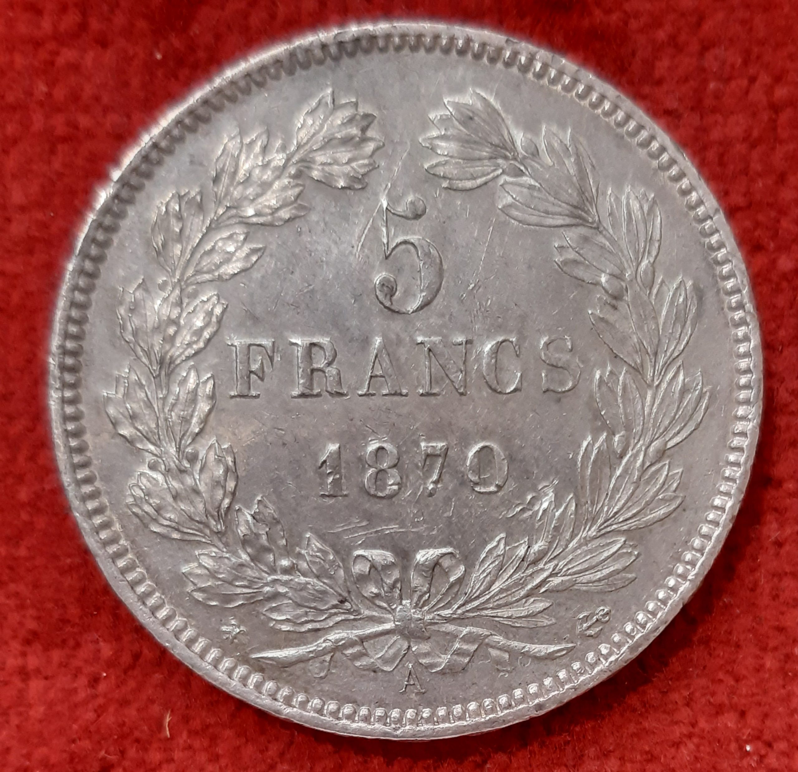 5 Fr Cérès Argent 1870 A. Paris. Type sans Légende