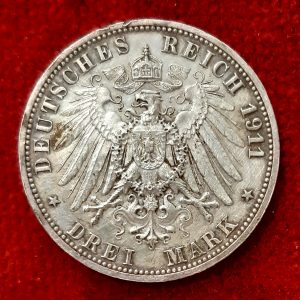Allemagne 3 Reichsmark Argent 1911 F. Stuttgart.