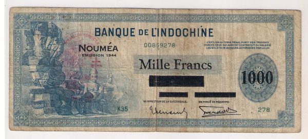 1000 Francs Banque Indochine / Nouméa / Surcharge Nouvelles Hébrides 1944