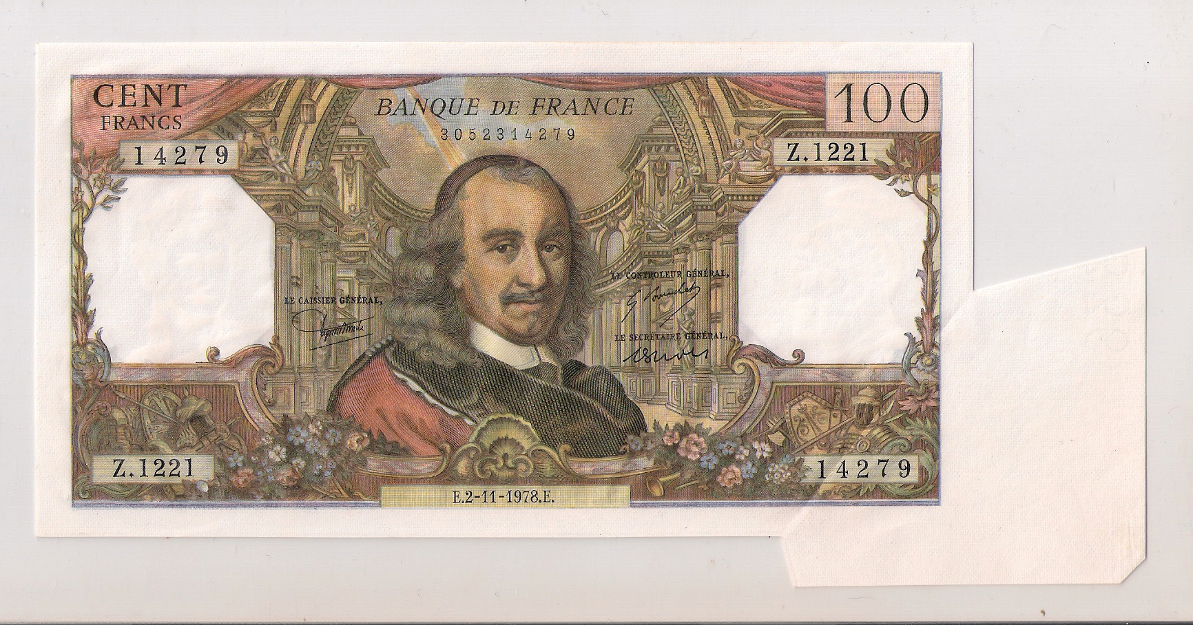 100 Francs Corneille FAUTE du 2.11.1978. NEUF ! Surplus de Papier !