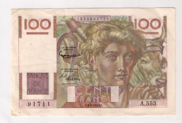 100 Francs Jeune Paysan Filigrane Inversé. 6.08.1953