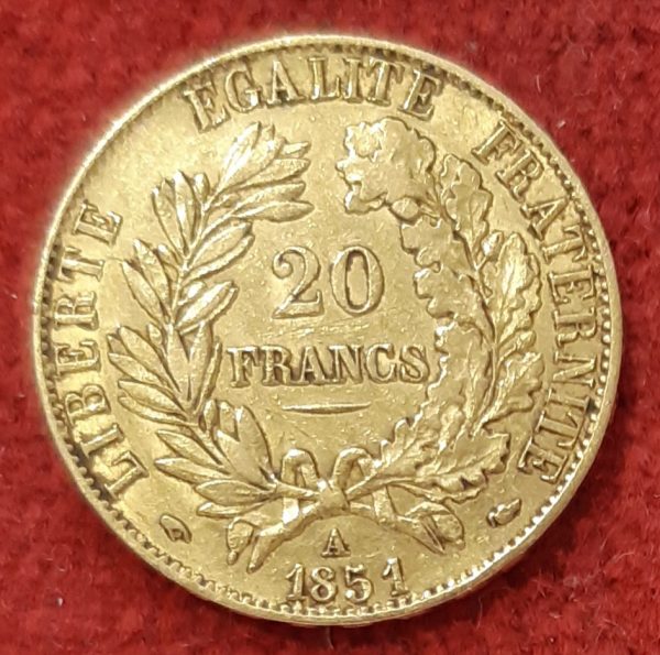 20 Francs Or Cérès 1851 A. Paris. Variété sans le point après Merley