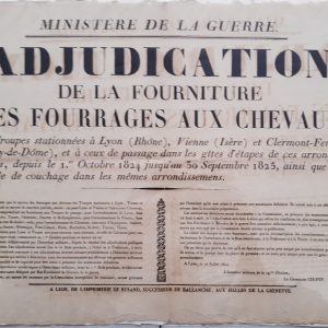 Affiche Militaire Adjudication de la Fournitures Fourrages aux chevaux. 1824
