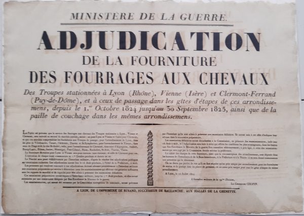 Affiche Militaire Adjudication de la Fournitures Fourrages aux chevaux. 1824