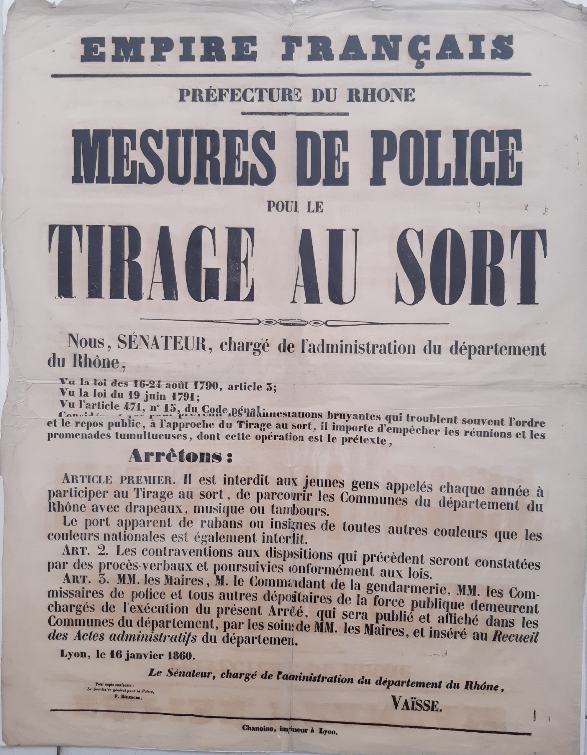 Affiche Empire Français Préfecture du Rhône Mesure de Police pour Tirage au sort. 1860
