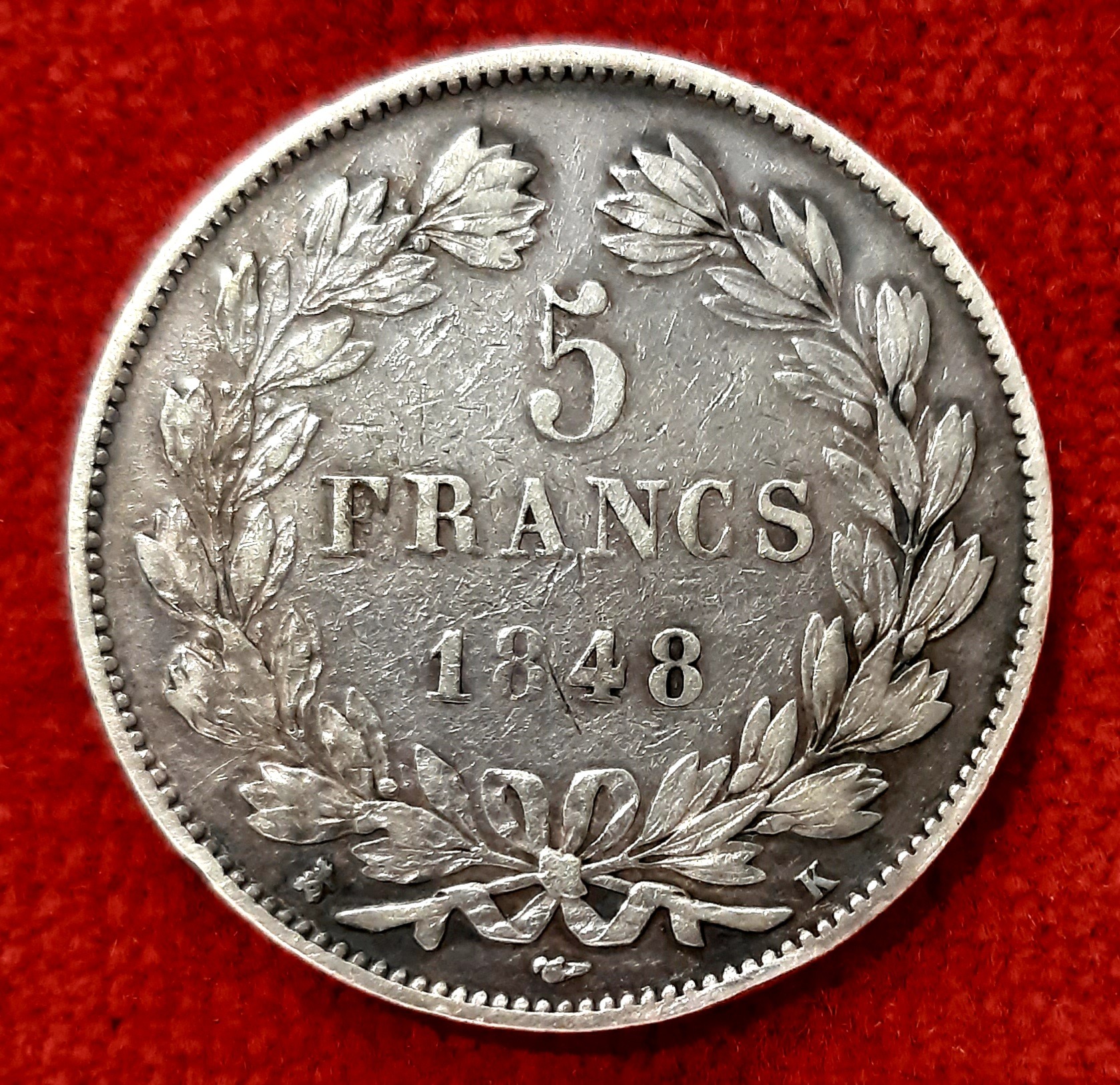 Louis Philippe 5 Francs Argent 1848 K. Bordeaux.