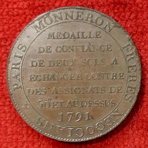 Monneron 2 Sols à la Liberté. 1791. Monnaie de Confiance.
