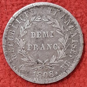 1/2 Franc Argent Napoléon 1er 1808 BB. Strasbourg. Coin choqué.