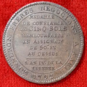 Monneron 5 Sols au Serment. 1792. Type sans  » T  » à département. Monnaie de Confiance.