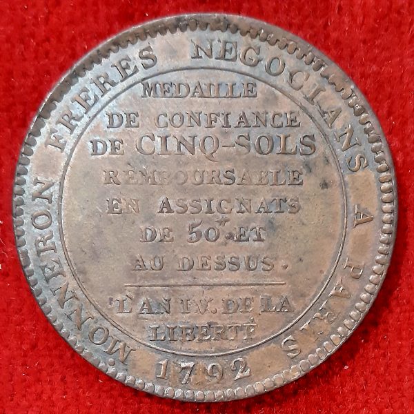 Monneron 5 Sols au Serment. 1792. Type avec " T " à département. Monnaie de Confiance.