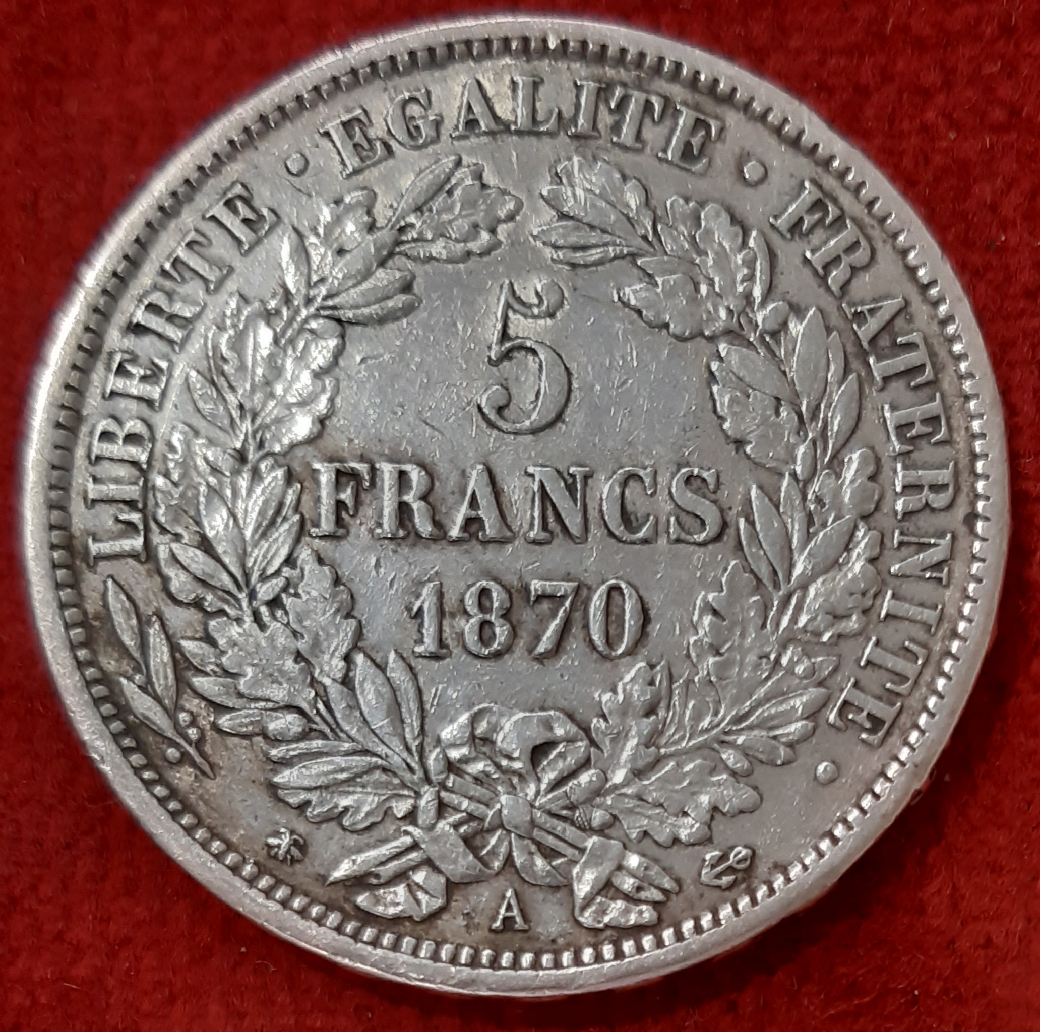 5 Francs Cérès Argent 1870 A. Paris. Type avec Légende.