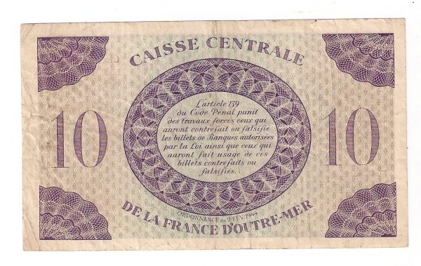 10 Francs Type anglais. Caisse Centrale de la France d'Outre Mer. Guadeloupe. 1944.
