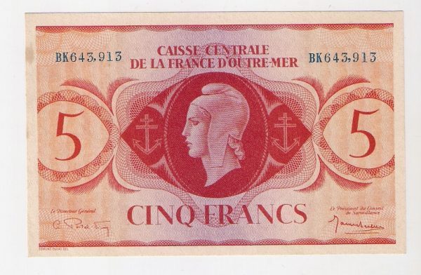 5 Francs Type anglais. Caisse Centrale de la France d'Outre Mer. 1944.