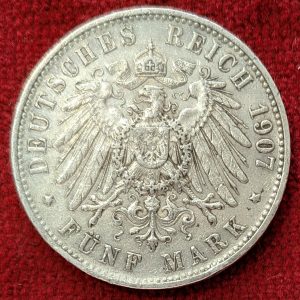 Allemagne 5 Mark Argent Wurtemberg 1907 F.  Stuttgart.