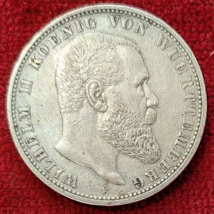 Allemagne 5 Mark Argent Wurtemberg 1907 F.  Stuttgart.