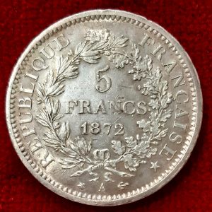 5 Francs Argent Hercule 1872 A. Paris.  Petites Etoiles.