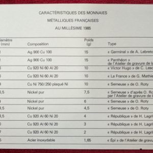 Coffret Francs 1985. FDC. Fleur de Coin.