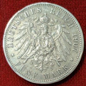 Allemagne 5 Mark Argent Wilhelm II. 1907 A. Berlin.