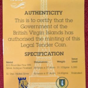 Iles Vierges Britanniques. 10 $ / 1 Once Argent 2014. Tour Eiffel.