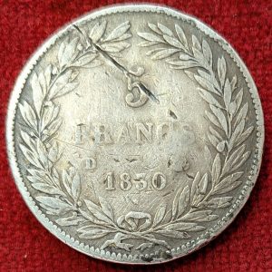 Louis Philippe 5 Francs Argent 1830 D. Lyon. Sans le I. Tranche en Creux.
